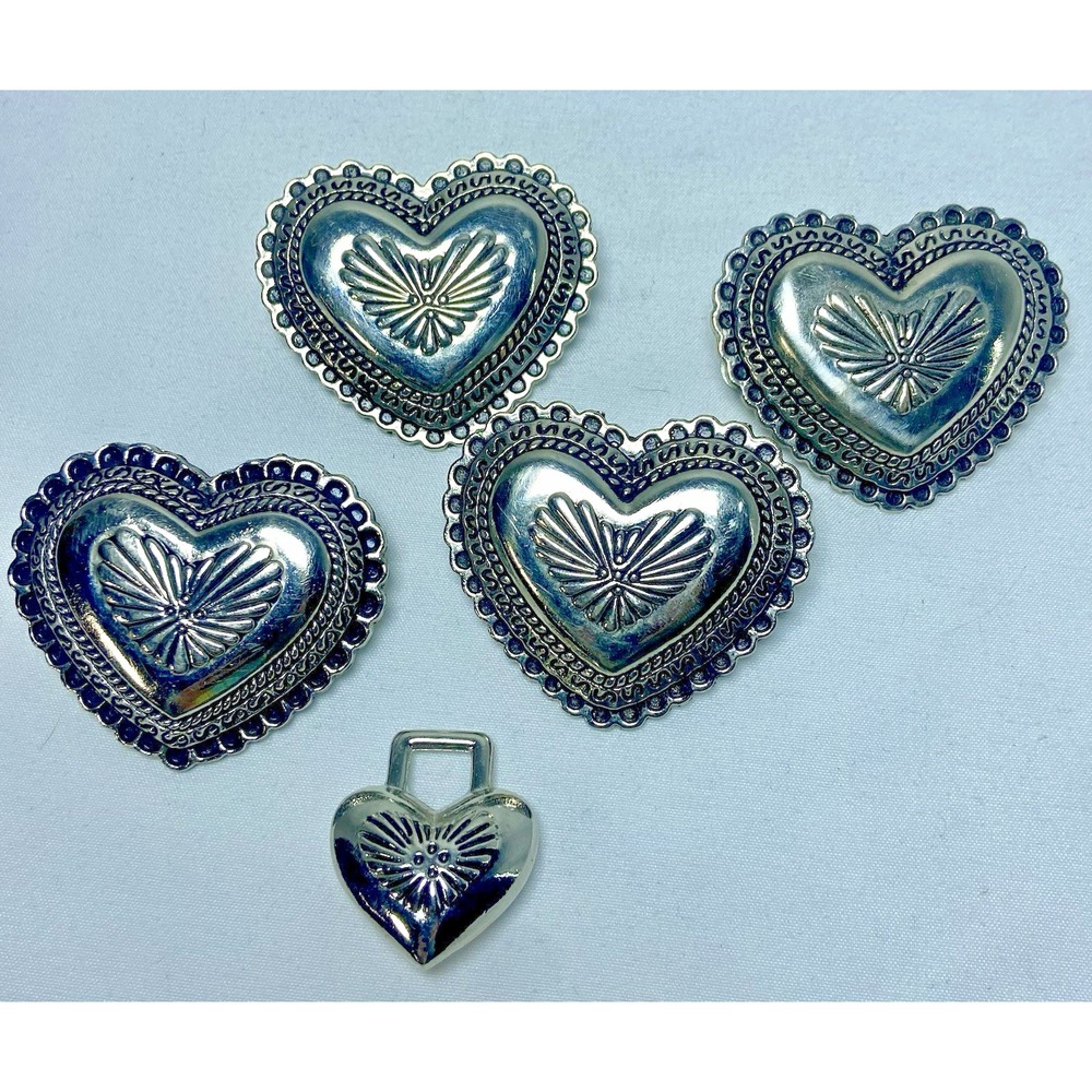 4 Engraved Scrolled Silver Heart Belt Conchos And 1 Pendant